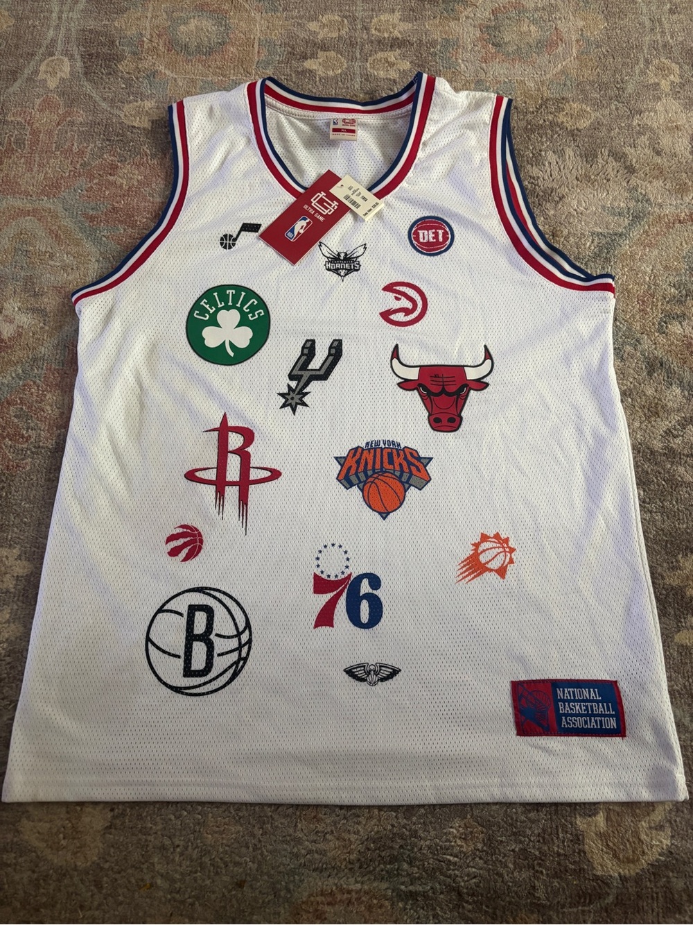 White NBA Logo Mesh Basketball Jersey - Multi-Team Patch Design